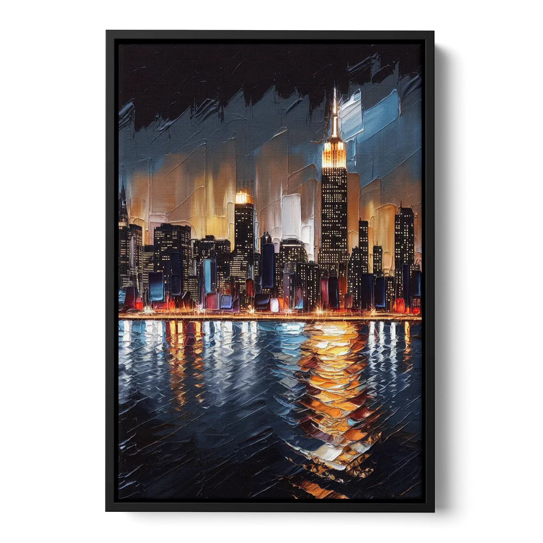 New York City Skyline by Nightfall Hudson Front - Black Canvas Wall Art