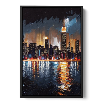 New York City Skyline by Nightfall Hudson Front - Black Canvas Wall Art