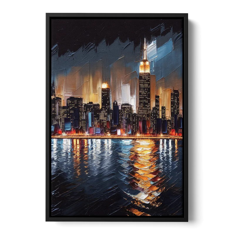 New York City Skyline by Nightfall Hudson Front - Black Canvas Wall Art