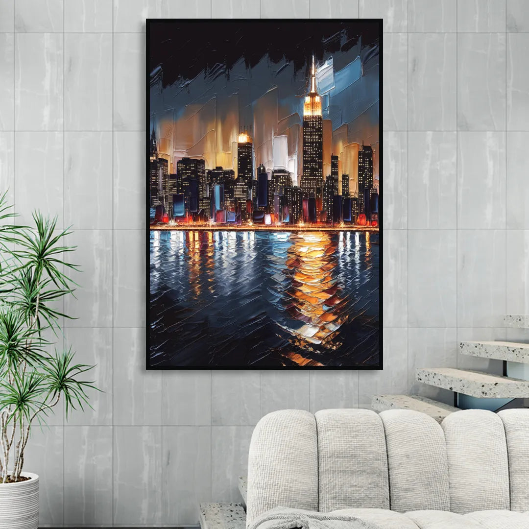 New York City Skyline by Nightfall Hudson Living Room - Black Canvas Wall Art