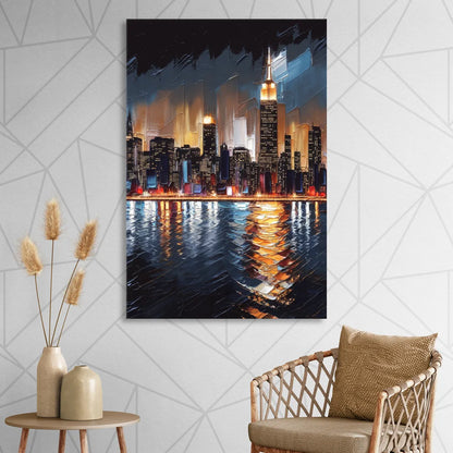New York City Skyline by Nightfall Hudson Sitting Room - Canvas Wall Art