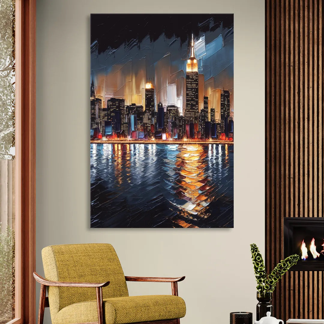 New York City Skyline by Nightfall Hudson Living Room - Canvas Wall Art