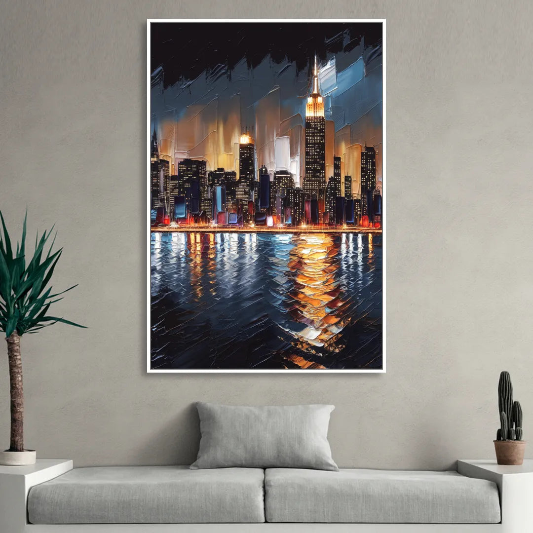 New York City Skyline by Nightfall Hudson Sitting Room - White Canvas Wall Art