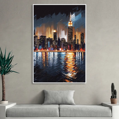 New York City Skyline by Nightfall Hudson Sitting Room - White Canvas Wall Art
