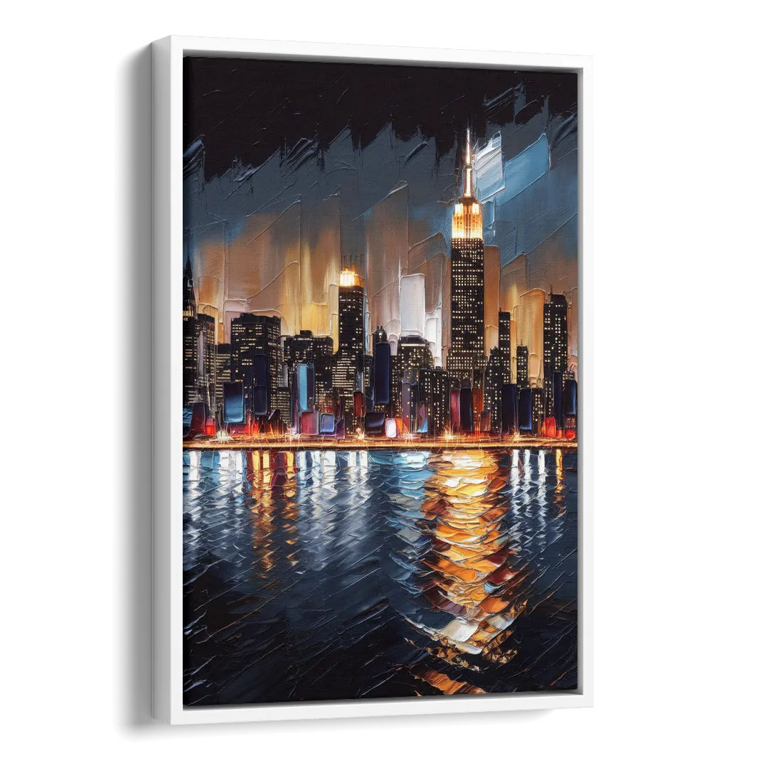 New York City Skyline by Nightfall Hudson Side - White Canvas Wall Art
