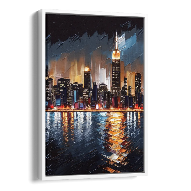 New York City Skyline by Nightfall Hudson Side - White Canvas Wall Art