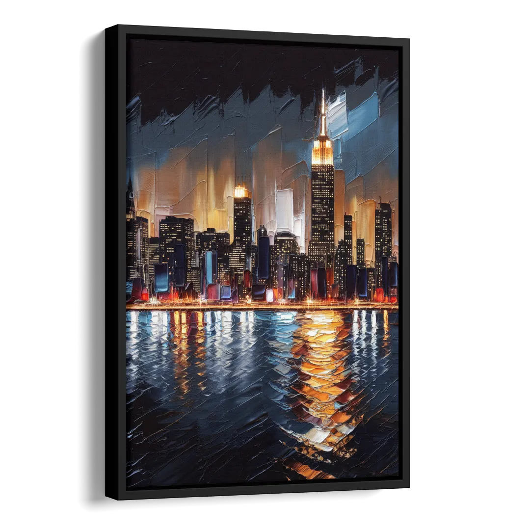 New York City Skyline by Nightfall Hudson Side - Black Canvas Wall Art