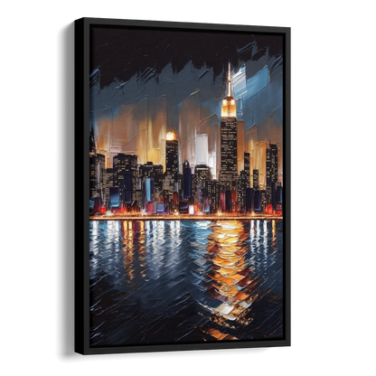 New York City Skyline by Nightfall Hudson Side - Black Canvas Wall Art