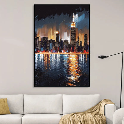New York City Skyline by Nightfall Hudson Sitting Room - Black Canvas Wall Art