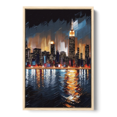 New York City Skyline by Nightfall Hudson - Oak Framed Canvas Wall Art - Front
