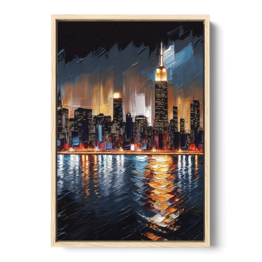 New York City Skyline by Nightfall Hudson - Oak Framed Canvas Wall Art - Front