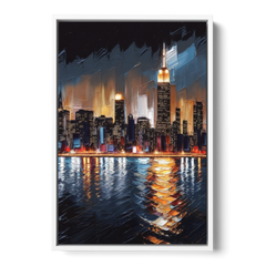 New York City Skyline by Nightfall Hudson - White Framed Canvas Wall Art - Front