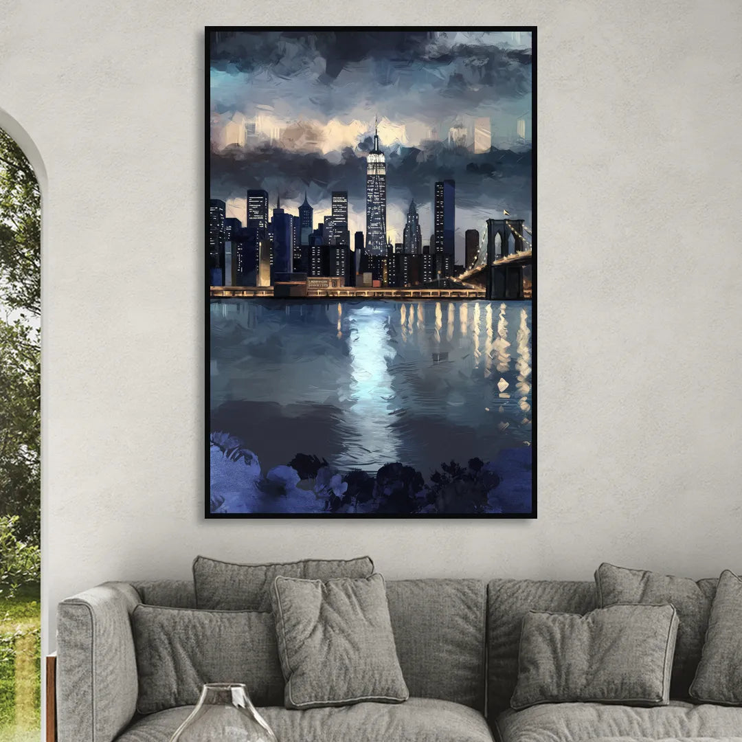 New York City Skyline in Blue Tones Hudson Sitting Room - Black Canvas Wall Art