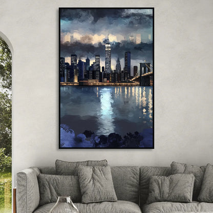 New York City Skyline in Blue Tones Hudson Sitting Room - Black Canvas Wall Art