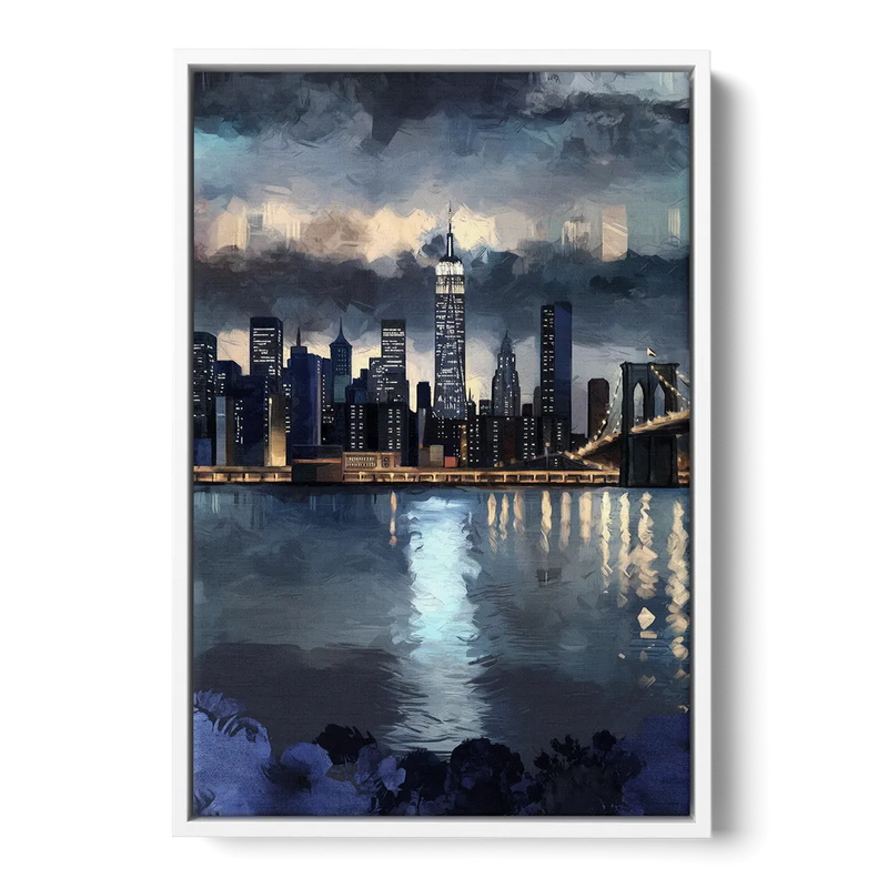 New York City Skyline in Blue Tones Hudson Front - White Canvas Wall Art