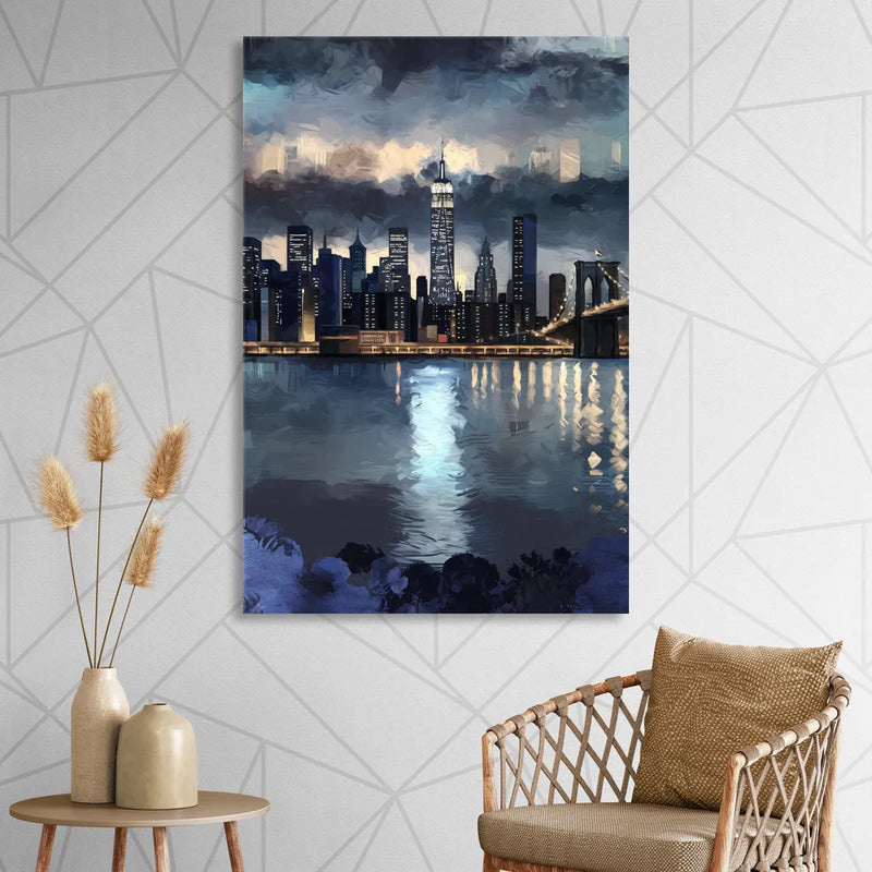 New York City Skyline in Blue Tones Hudson Living Room - Canvas Wall Art