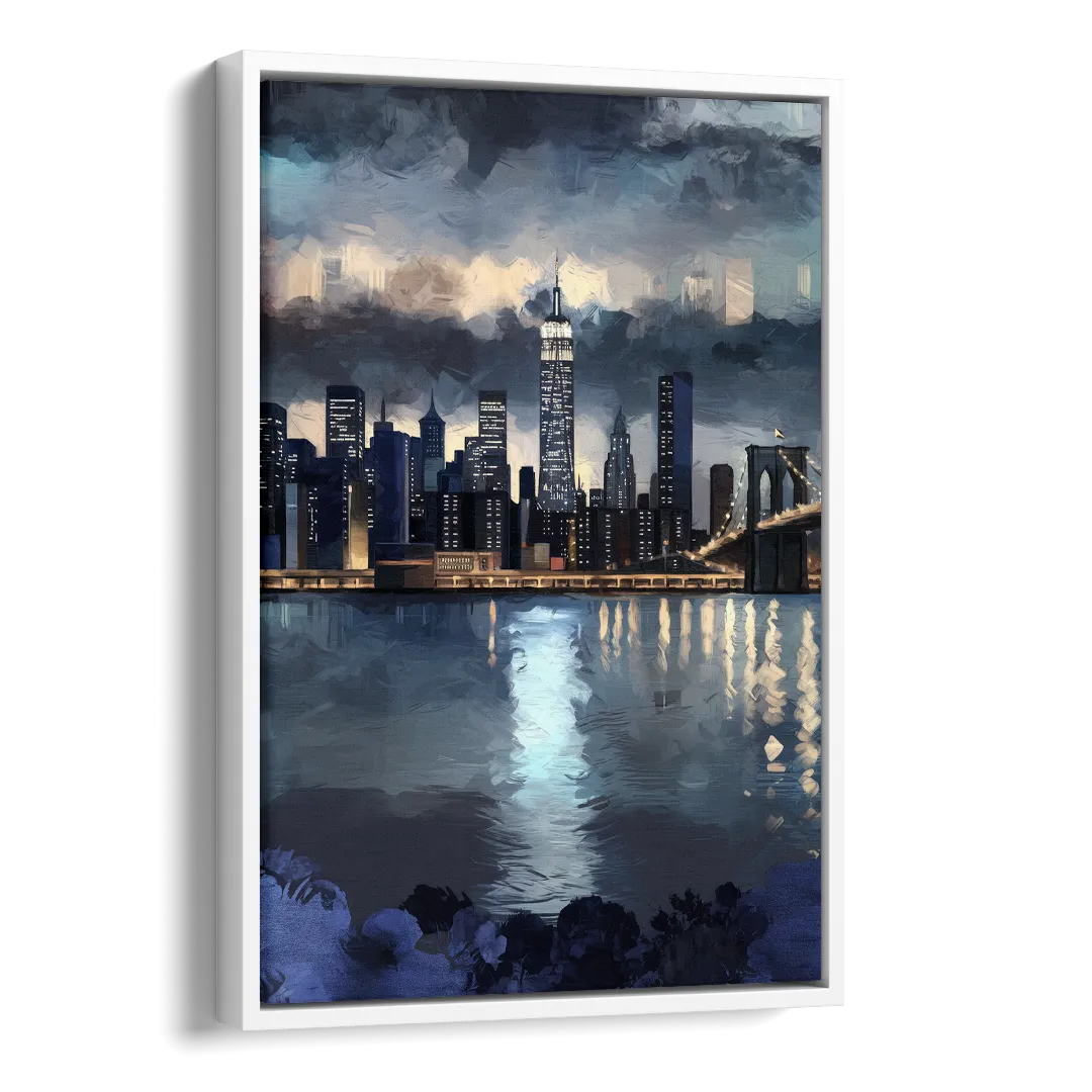 New York City Skyline in Blue Tones Hudson Side - White Canvas Wall Art