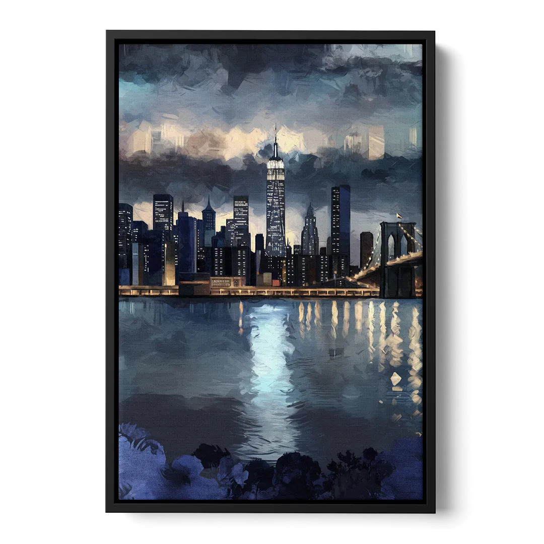 New York City Skyline in Blue Tones Hudson Front - Black Canvas Wall Art