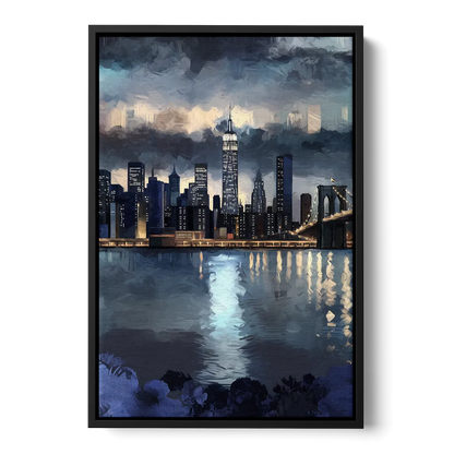 New York City Skyline in Blue Tones Hudson Front - Black Canvas Wall Art