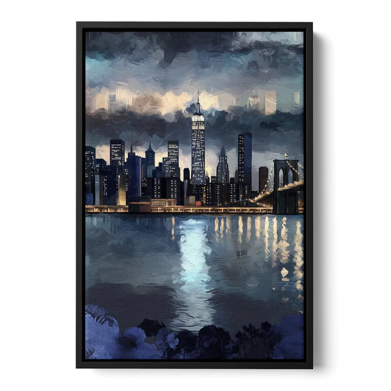 New York City Skyline in Blue Tones Hudson Front - Black Canvas Wall Art