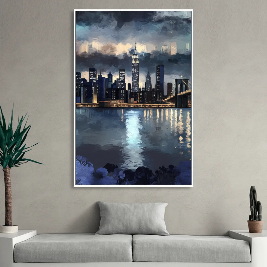 New York City Skyline in Blue Tones Hudson Living Room - White Canvas Wall Art