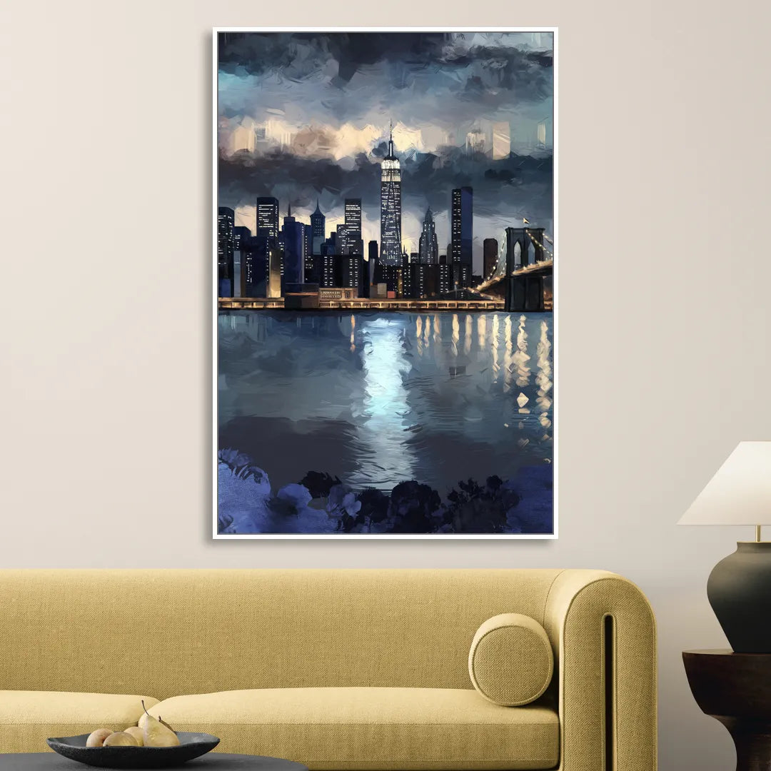 New York City Skyline in Blue Tones Hudson Sitting Room - White Canvas Wall Art