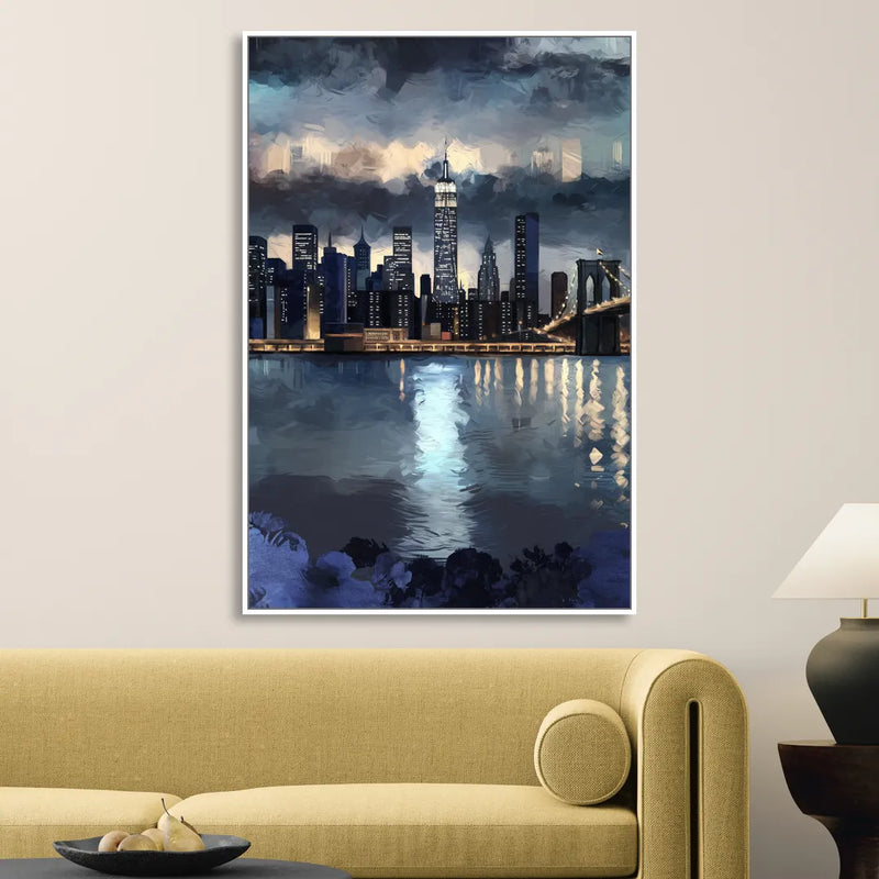 New York City Skyline in Blue Tones Hudson Sitting Room - White Canvas Wall Art
