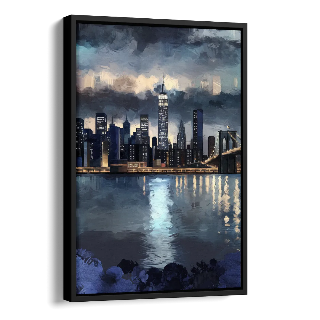 New York City Skyline in Blue Tones Hudson Side - Black Canvas Wall Art