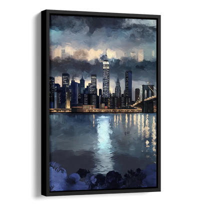 New York City Skyline in Blue Tones Hudson Side - Black Canvas Wall Art