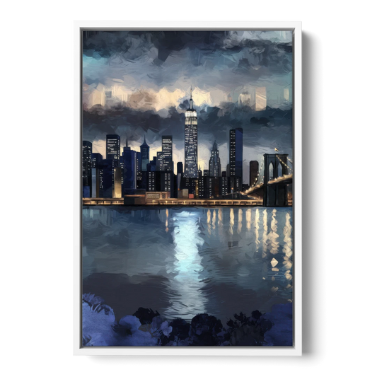 New York City Skyline in Blue Tones Hudson - White Framed Canvas Wall Art - Front