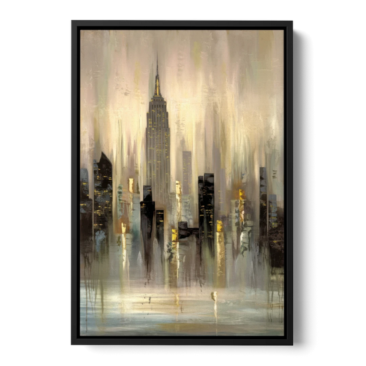 New York City Skyline in Fog - Black Framed Canvas Wall Art - Front