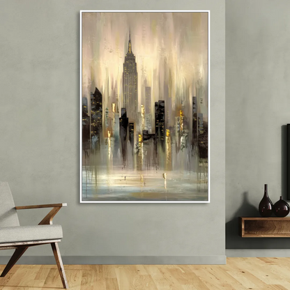 New York City Skyline in Fog Sitting Room - White Canvas Wall Art