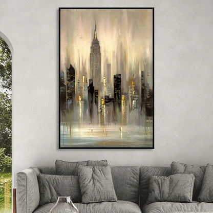 New York City Skyline in Fog Living Room - Black Canvas Wall Art