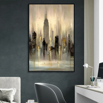 New York City Skyline in Fog Sitting Room - Black Canvas Wall Art
