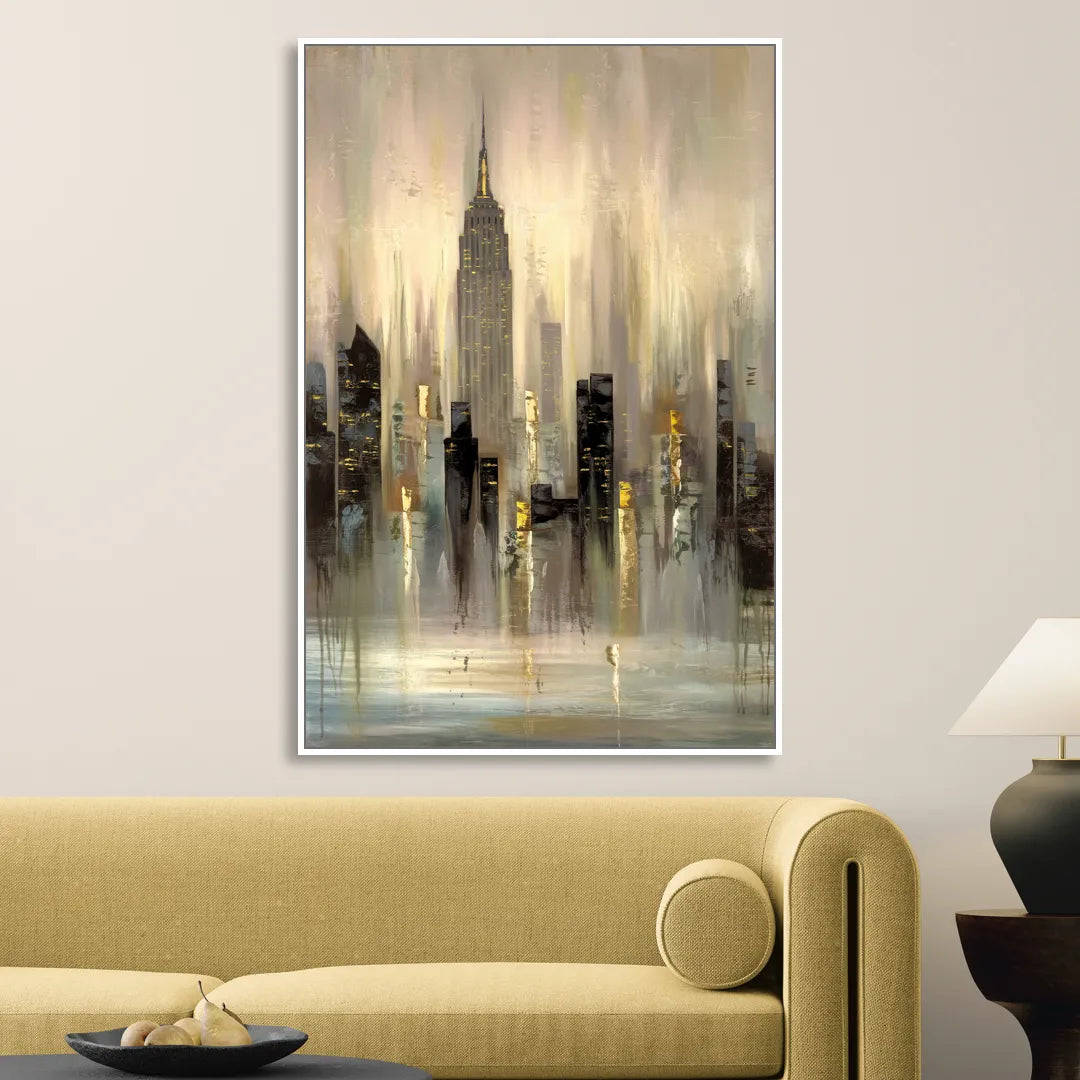 New York City Skyline in Fog Living Room - White Canvas Wall Art