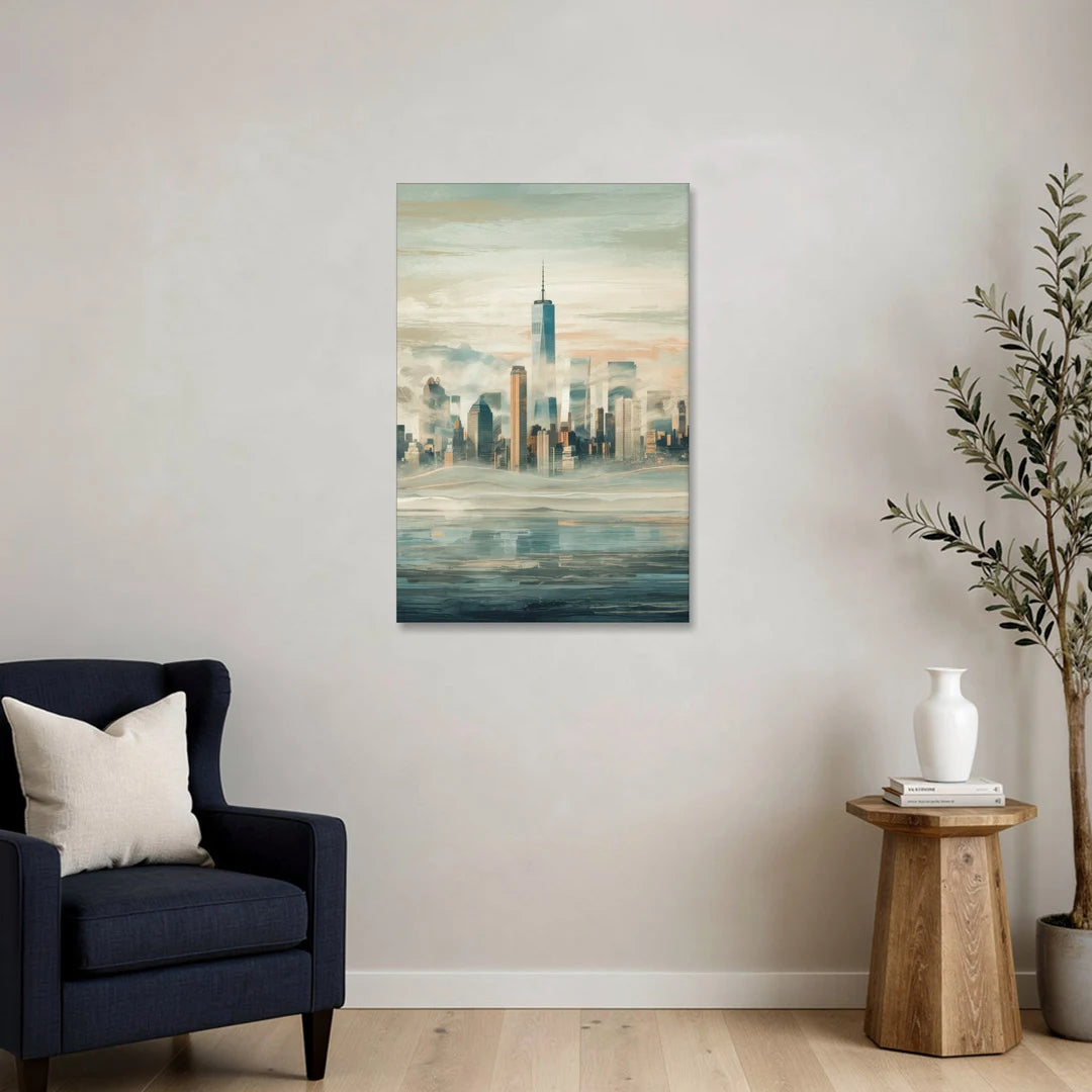 New York City Skyline in Fog Hudson - Canvas Wall Art - Sofa - 24x36