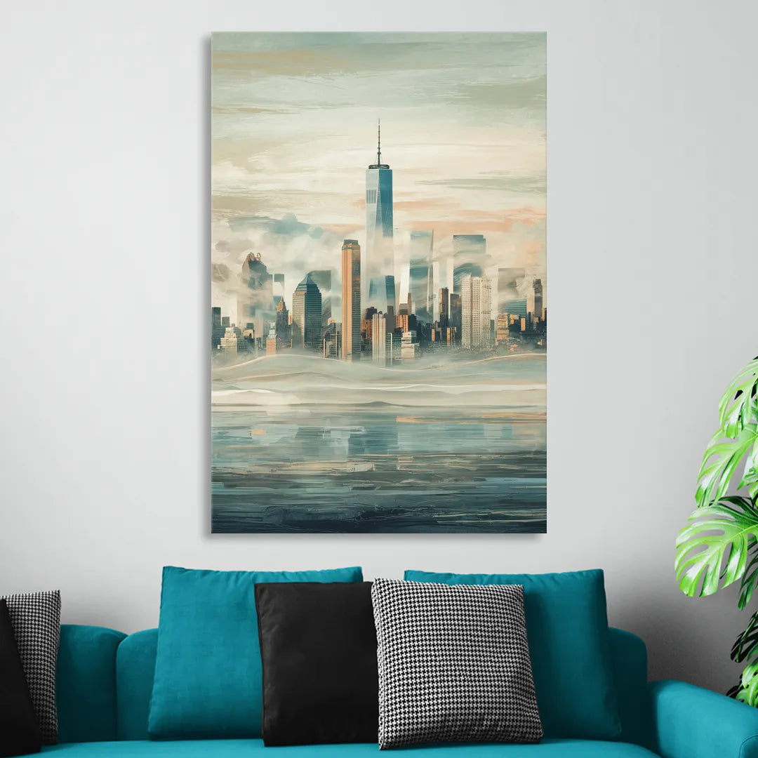 New York City Skyline in Fog Hudson Sitting Room - Canvas Wall Art