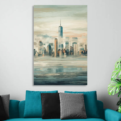 New York City Skyline in Fog Hudson Sitting Room - Canvas Wall Art