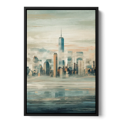 New York City Skyline in Fog Hudson Front - Black Canvas Wall Art