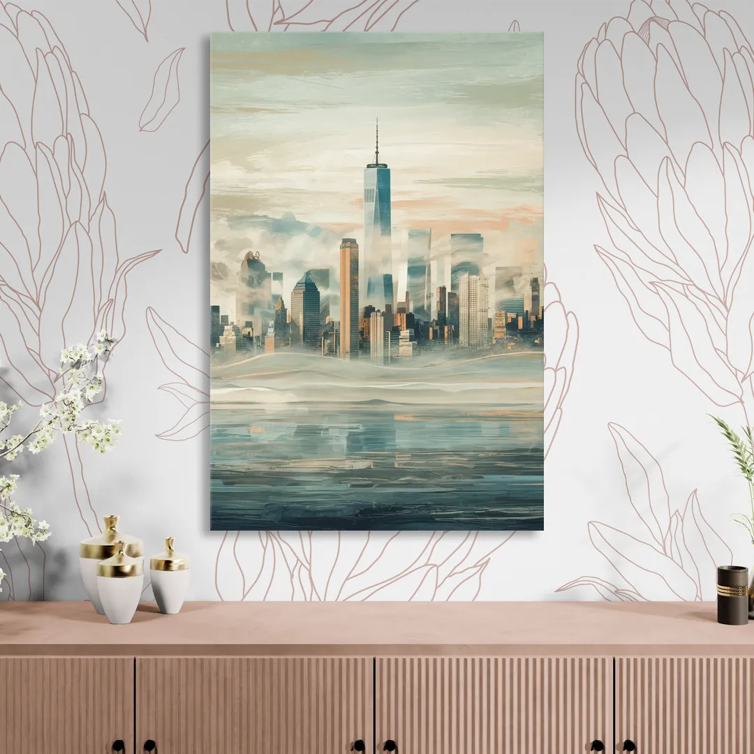 New York City Skyline in Fog Hudson Living Room - Canvas Wall Art