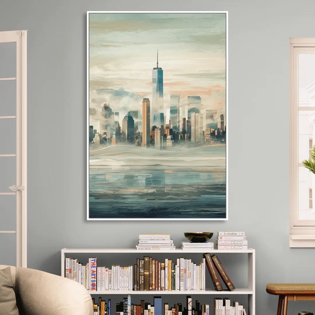 New York City Skyline in Fog Hudson Sitting Room - White Canvas Wall Art