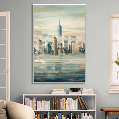 New York City Skyline in Fog Hudson Sitting Room - White Canvas Wall Art