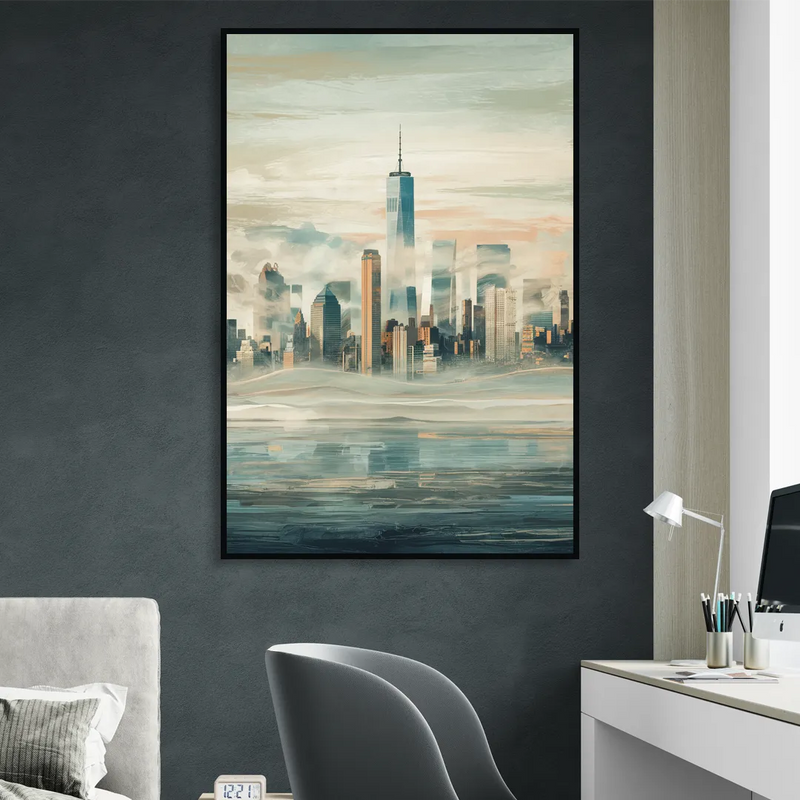 New York City Skyline in Fog Hudson Living Room - Black Canvas Wall Art