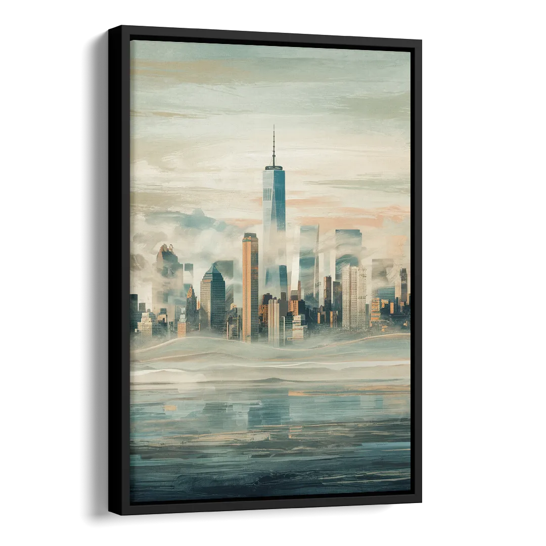 New York City Skyline in Fog Hudson Side - Black Canvas Wall Art