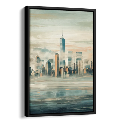 New York City Skyline in Fog Hudson Side - Black Canvas Wall Art