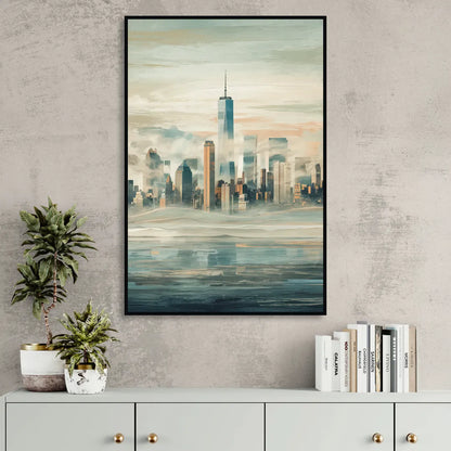 New York City Skyline in Fog Hudson Sitting Room - Black Canvas Wall Art
