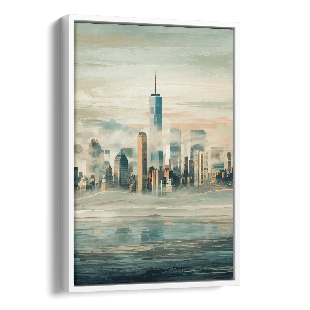New York City Skyline in Fog Hudson Side - White Canvas Wall Art