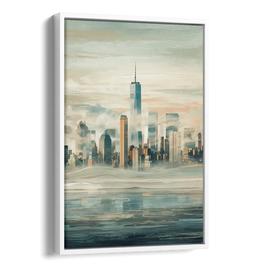 New York City Skyline in Fog Hudson Side - White Canvas Wall Art