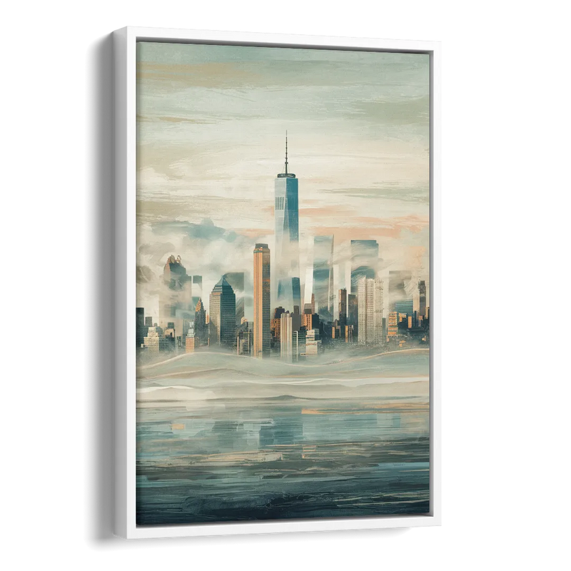 New York City Skyline in Fog Hudson Side - White Canvas Wall Art