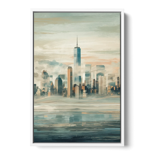 New York City Skyline in Fog Hudson - White Framed Canvas Wall Art - Front